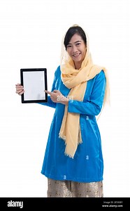 muslim woman showing her tablet pc screen isolated over white Stock Photo - Alamy
