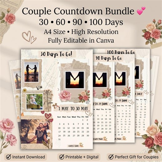Wedding Countdown Calendar, Countdown to Wedding, Days Until Wedding, Countdown to I Do, 100 Day Countdown, 30 Day , 60 Day, 90 Day - Etsy