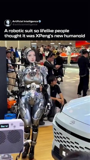Artificial Intelligence (AI) on Instagram: "This isn’t a real humanoid — it’s a hyper-realistic robotic suit showcased at a tech expo in China. The level of detail fooled thousands, with many mistaking it for XPeng’s new robot revealed at the same event. It’s a performance piece, not an android, but it shows how close visual robotics and human performance are becoming. • Follow @artificialntellligence for more content on AI and technology. • Our Black Friday Deal is LIVE (Link in Bio) #robotics 