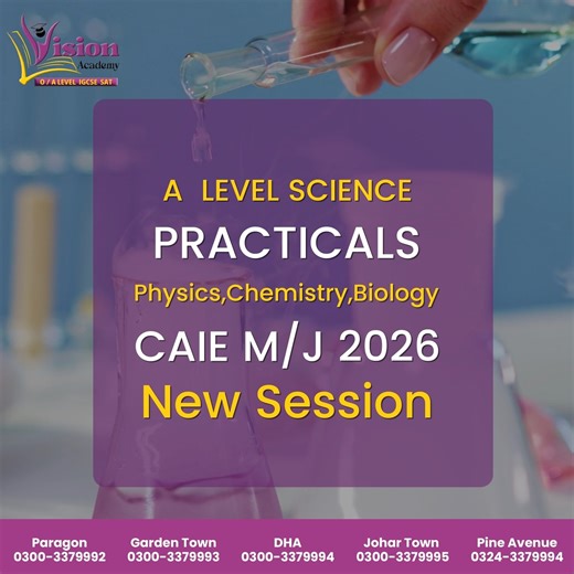 Vision Academy GT Campus on Instagram: "Ready to ace your CAIE M/J 2026 Practicals? 🔬📚 Vision Academy is launching a New Session dedicated to A-Level Physics, Chemistry, and Biology Practicals. From precision in measurements to mastering chemical reactions, we’ve got you covered. ✅ Expert Instruction ✅ Fully Equipped Labs ✅ Focused Exam Preparation Don't wait until the last minute! start your journey to an A* today! #ALevels #CAIE2026 #SciencePracticals #VisionAcademy #ChemistryPractical #Phys