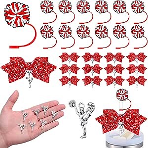 12 Set Cheer Team Gifts Bulk, Red Cheerleading Tumbler Accessories, 10 mm Cheer Straw Toppers and Blue Glitter Bows with Cheerleaders Charms Cheerleader Tumblers Decor Party Favors