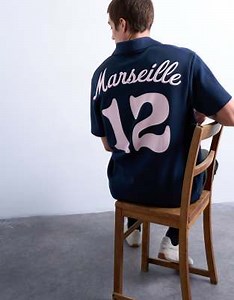 Topman relaxed fit sports polo shirt with Marseille back embroidery in navy | ASOS