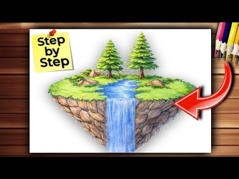 Easy Floating Island Scenery Drawing | Step by Step for Beginners