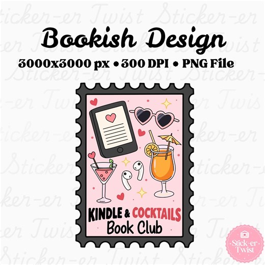 Kindle & Cocktails Book Club PNG | Bookish Aesthetic Sticker Design | Kindle Girl Digital Download | Romance Reader Gift | Booktok Reader