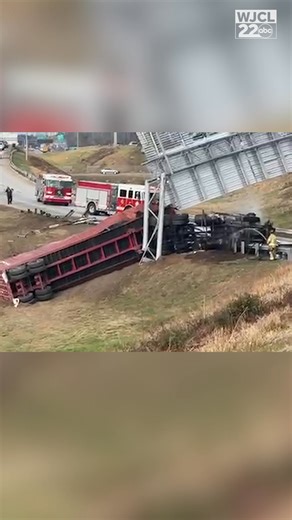 ROAD CLOSED: Video shows emergency crews on scene after a tractor-trailer collided with a road sign on I-16 in Savannah, shutting down eastbound lanes. More info: https://www.wjcl.com/article/i-16-savannah-crash/69916431 | WJCL News