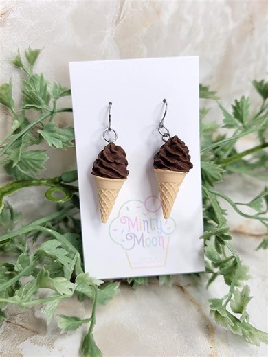 Chocolate Ice Cream Cone Earrings (LARGE) – Polymer Clay – Hypoallergenic