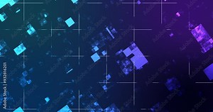 Square moving energy particles moving 4K bg and exploding coding illusion galaxy universe flowing backdrop. Atom defocused electricity connection grid. Fantasy magic power render simple 3d spectrum.