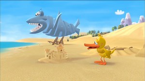 The word of the week is castle. In Castles In the Sea, Duck and Shark are having fun at the beach. What are some things you might see at the beach? | WordWorld