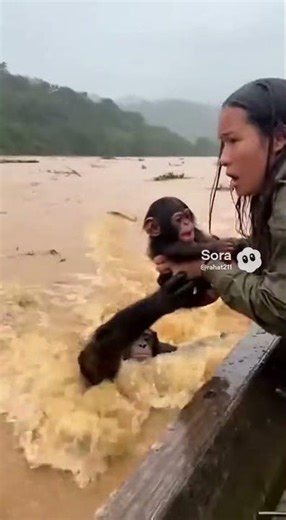 "Brave Girl Saves Baby Chimpanzee in River Flood | Incredible Animal Rescue" #viral #wildliferescue