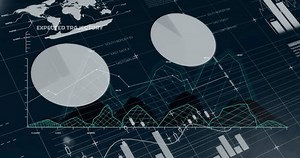 Animation of data processing over diagrams and world map on black background. Global business and digital interface concept, digitally generated video.
