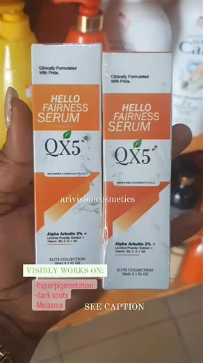 QX5 HELLO FAIRNESS SERUM is specially crafted and it contains the right amount of: Vit. C, Vit E, Alpha arbutin, Licorice powder extract, Vit B3(niacinamide), Hyaluronic acid and many more. . It targets and clear: Hyperpigmentation , Dark spots, melasma, sun damage. . Its also: Brightening, Anti ageing, Anti wrinkles/freckles, It moisturizes, rejuvenates the skin and many more. . Price : 5500naria . . Call/watsapp: 07019899797 . . #arivisioncosmetics #cosmetic #qx5 #skincarelagosnigeria