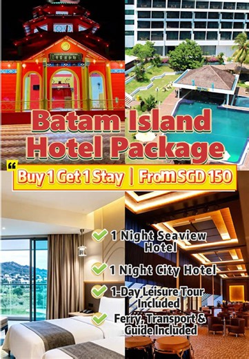 🇮🇩 Batam Island Deal Alert ✨ Seaview Stay at a Great Value 🌊 Batam Island 3D2N Easy Getaway From just SGD 150, enjoy a seaside resort city hotel stay in one trip. 6 pax to go • Twin sharing • Experience two travel vibes at once. - 🏝 Seaview Resort Stay Ocean views, beach walks, and pool time — vacation mood fully unlocked. - 🏙 City Hotel Stay Convenient location with plenty of dining, shopping, and wellness options nearby. 🎒 Includes 1 Day Leisure Tour No planning needed — explore Batam wi
