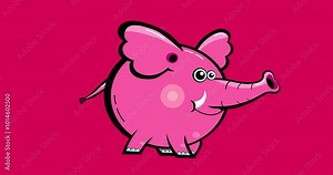 Cartoon pink elephant walk and turn isolated animation black outline . Animated character isolated good for any material for kids, adverts, etc... Cute linear color animal animation video movie 4K.