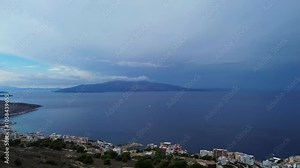 Saranda Albania Ionian sea coastline view of Corfu Island Greece, aerial