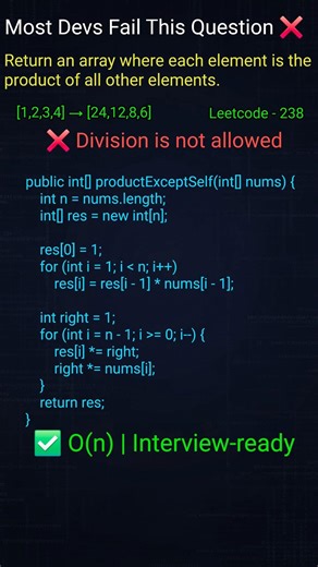 Leetcode - 238 | Product of array except self #ytshorts #youtubeshorts #shorts
