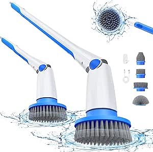 Handheld Electric Spin Scrubber, Cordless Cleaning Brush with 4 Replaceable Brush Heads & Adjustable Extension Handle & 2 Rotating Speeds, Power Cleaning Brush for Bathroom/Floor/Tile