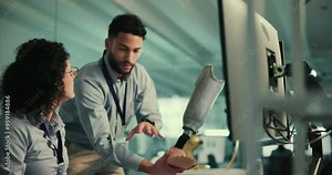 Leg prosthetic, computer or people with model for research, inclusive device and future development. Prosthetist, talking or design for artificial limb innovation, 3d foot or mobility engineering