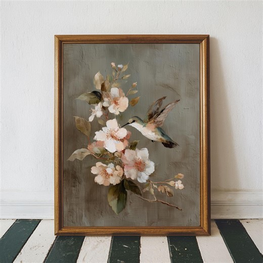 Hummingbird Floral Printable Art, Soft Cottagecore Bird Wall Art, Neutral Romantic Flower Painting, Moody Spring Farmhouse Digital Download - Etsy