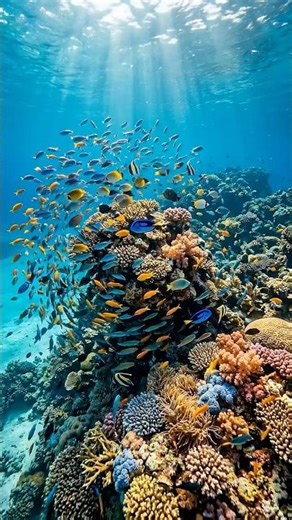 Large group of different ocean fish species swimming together around beautiful coral gardens