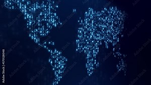 Concept of world map animation on digital artificial intelligence cyberspace network background.