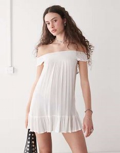 Motel panasi off-shoulder mini smock dress in off-white | ASOS