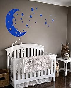 Moon and Stars Night Sky Vinyl Wall Art Decal Sticker Design for Nursery Room DIY Mural Decoration (Dark Blue, 22x49 inches)