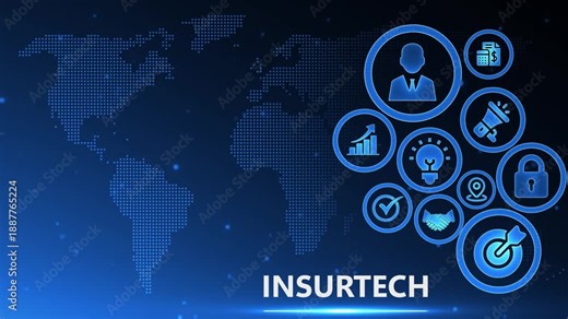 Insurtech Concept: Global Network of Digital Insurance Services Icons and World Map Background, Technology and Innovation