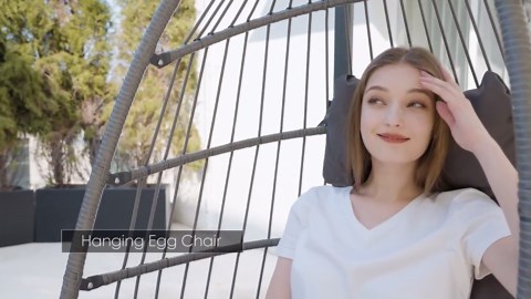 FINCATI Outdoor Foldable Grey Wicker Egg Porch Swing Chair with Steel Stand and Dark Grey Cushion for Patio HD-EC-DG-GRT-0017S