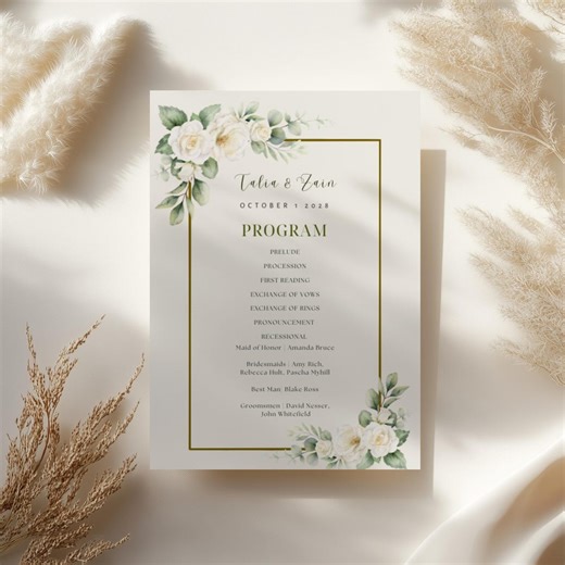 Eucalyptus Wedding Program Template Editable Canva, Order of Service, Minimal Greenery Ceremony Programme, Vintage Floral Printable