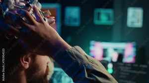 Computer scientist uploading brain into cyberspace, gaining digital persona, close up shot. Neuroscientist merging mind and soul with AI, uploading consciousness, camera B