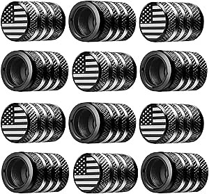 Tire Valve Stem Cap Cover - (12 Pack) Tire Air Cap Metal with Plastic Liner Corrosion Resistant Leak-Proof American Flag for Car Truck Motorcycle Bike Black