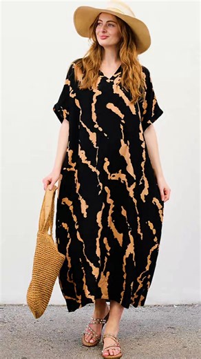 ✨ This dress is made to brighten your day – whether you're relaxing at home, enjoying brunch with friends, or running errands in comfort and style. ✅ Designed with real side pockets so you can go hands-free in style! | Ornella Caftan US