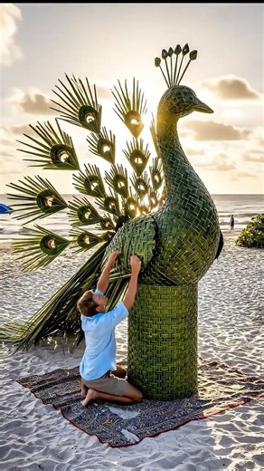 Life-Size Palm Leaf Peacock Craft on Miami Beach! 🦚🌴 Epic DIY Nature Sculpture by Alex #ai #craft
