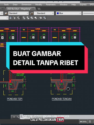 CARA PRAKTIS BUAT GAMBAR DETAIL Untuk cara yang ke-2 saya menggunakan command dari pluhin YQarch, masih banyak perintah praktis lainnya yang sangat membantu. Kalo kamu butuh file dan cara instalasinya, silahkan akses melalui link di Bio yaa.. •Command : QG •Fungsi : Mengambil cuplikan objek gambar dari gambar utuh, mempermudah ketika membuat gambar detail. •Kelebihan : Tidak harus melakukan block dan copy-paste dari objek referensi, tinggal comot. #autocad #autocadtutorial #engineering #cadlearn