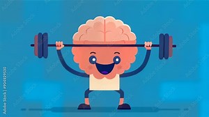 cartoon brain weightlifting, strengthening your mind, mental exercises, training, blue backdrop