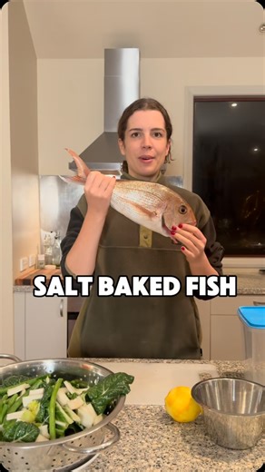 Salt Baked Fish Recipe ❤️ Serves 2 Total cost: $2.50 per person since my brother caught the fish, but if you bought it would cost closer to $10 per peron. Disclaimer: Even though filleting after baking usually keeps the bones out of the way, you may still find some - especially if you’re new to this method. Take your time when serving and eating. Always check for bones! Ingredients: For the salt crust: • 700 g coarse salt • 80 g plain flour • 50–60 g water For the fish: • 1 whole fish, gutted bu