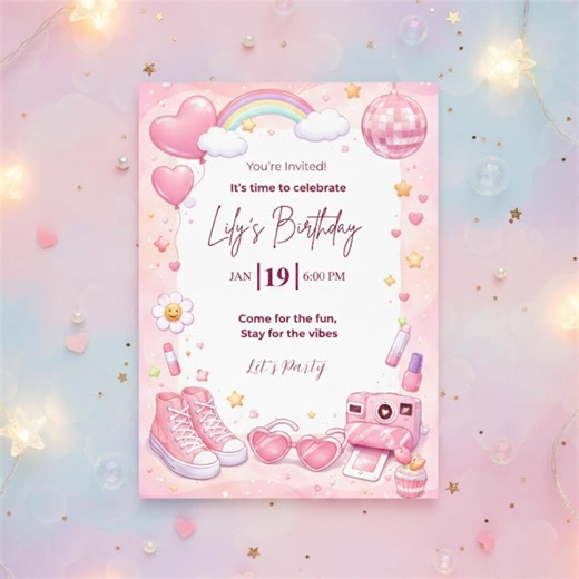Teen Girl Birthday Party Invitation | Teen Birthday Invite | Cute Girly Invite | Canva Template | Digital Download - Etsy