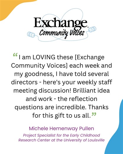 “𝗜 𝗮𝗺 𝗟𝗢𝗩𝗜𝗡𝗚 𝘁𝗵𝗲𝘀𝗲 [𝗘𝘅𝗰𝗵𝗮𝗻𝗴𝗲 𝗖𝗼𝗺𝗺𝘂𝗻𝗶𝘁𝘆 𝗩𝗼𝗶𝗰𝗲𝘀] 𝗲𝗮𝗰𝗵 𝘄𝗲𝗲𝗸…” Every week, real voices from the field share stories, questions, and reflections that spark meaningful conversations about teaching, leadership, and community, and more, in early care and education. 𝗪𝗮𝗻𝘁 𝗮 𝘀𝗻𝗲𝗮𝗸 𝗽𝗲𝗲𝗸? Preview it here: https://hub.exchangepress.com/community-voices 𝗧𝗵𝗲𝗻 𝗷𝗼𝗶𝗻 𝘂𝘀 𝗳𝗼𝗿 𝘁𝗵𝗲 𝗳𝘂𝗹𝗹 𝗲𝘅𝗽𝗲𝗿𝗶𝗲𝗻𝗰𝗲: ✨ Get a 2-week trial, and save 2