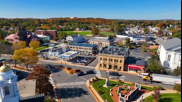 Woburn Common and City Hall aerial view in downtown Woburn, Massachusetts MA, USA.