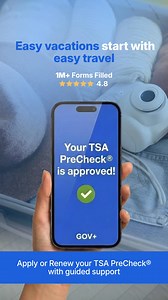 Tired of airport security lines? Looking to apply for (or renew) your TSA PreCheck®, but don't know where to start? With one simple and secure process, GOV will fill out all your application documents for you, book your appointment at the closest TSA facility, and have your PreCheck results emailed to you within a few days. | GovPlus