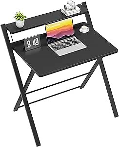 GreenForest No Assembly Folding Desk, 2-Tier Compact Computer Desk with Shelf, Space Saving Foldable Table for Home Office, Dorm or Apartment, Portable Collapsible Sturdy Laptop Desk, Black