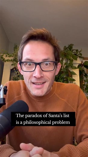 Jonny Thomson on Instagram: "The paradox of Santa’s list is a philosophical problem to do with moral motivation. It goes like this. Imagine there are three children playing in the playground. There’s Abby, Bobby, and Charlie. Suddenly, Bobby falls over and hurts himself. Charlie, who is a kind boy, rushes over to help Bobby. But Abby pauses a bit, and she thinks to herself, ’Well, next week is Christmas, and Santa is watching. So if I want to get onto his good list, I better help Bobby.’ And so,