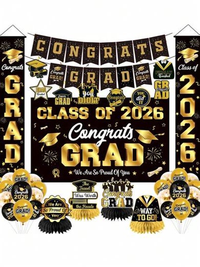 15pcs - 2026 Graduation Decoration Set: Black & Gold Graduation Party Decorations, Including Graduation Congratulations Banner, Graduation Backdrop Cloth, And 2026 Graduation Balloons | SHEIN