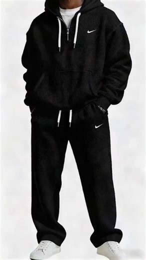 This hoodie and jogger set showcases a bold urban look with oversized logo prints and technical details. Featuring a half-zip hoodie with utility pockets and slim-fit cargo joggers , it combines functionality with modern streetwear style . | Hondan