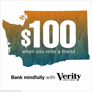 Tell your friends and family how awesome Verity is and get paid when they join! Once your referral joins and opens a checking account with direct deposit, you’ll earn $100. Visit veritycu.com/refer for complete details. Federally insured by NCUA. | Verity Credit Union