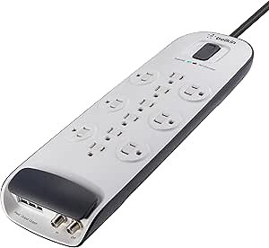 Belkin Power Strip Surge Protector - 12 AC Multiple Outlets, Ethernet & Cable Protection - 8 ft Long Extension Cord for Home, Office, Travel, Computer Desktop & Phone Charger - 3996 Joules, White