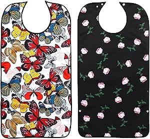 Pafusen 2 Pack Adult Bibs for Elderly Women, Reusable Large Adult Bibs for Eating with Snaps (Butterfly Pink Flower)