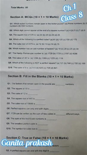 #shorts | Class 8 Worksheet | Ch 1 A Square and A Cube | Class 8 Ch 1 Practice Test