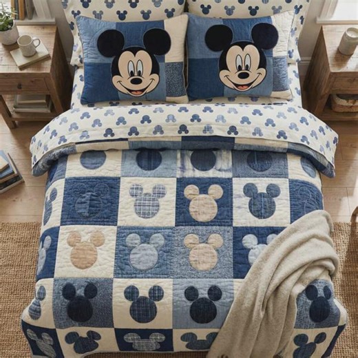 Mickey Mouse Blue Patchwork Quilt, Denim Plaid Disney Bedding, Aesthetic Bedroom Decor, Mickey Mouse Gift for Teens, Cozy Quilt Bedspread - Etsy