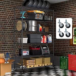 6 Tier Storage Shelves Garage Shelving Unit, Heavy Duty Shelving Adjustable Wire Shelving Rack with Wheels, NSF Storage Shelf Garage Shelves-2100 Lbs Capacity, Black